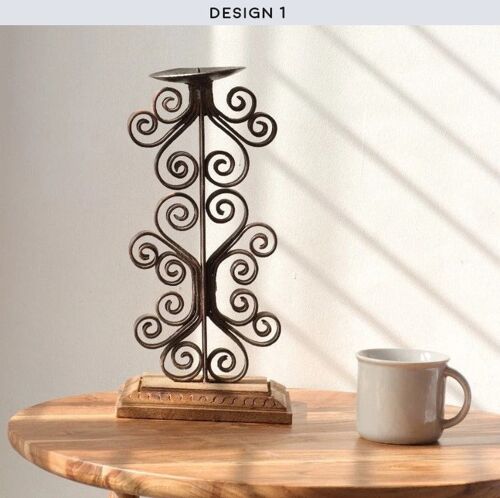 Vintage Curved Metal Candle Holder - Duku - Design 1 - Tall with Swirly Shapes on either side