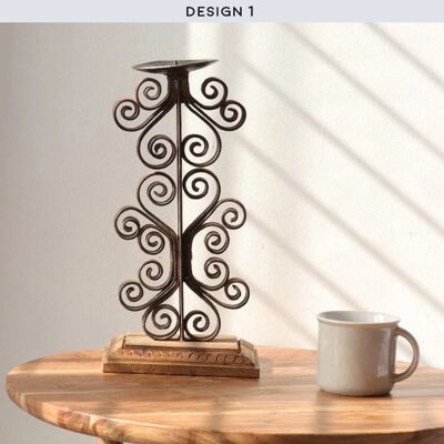 Portacandele vintage in metallo curvo - Duku - Design 1 - Alto con forme swirly su entrambi i lati