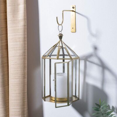 Hanging Glass Candle Holder - Golden lantern with hook