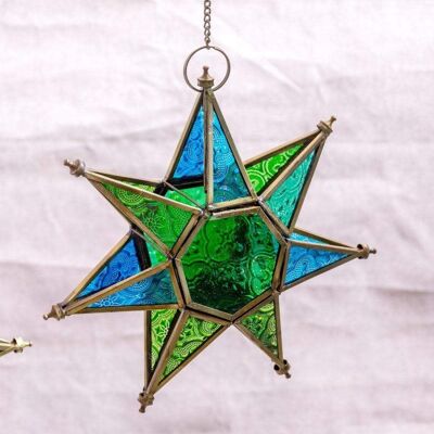 Portavelas colgantes de estrella de cristal - verde y azul