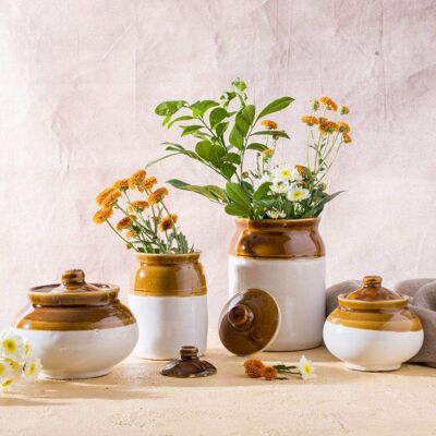 Ceramic Kitchen Storage Jars - Brown & White - Round Small