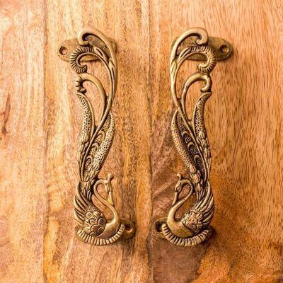 Poignée de porte en laiton antique - Paon - Paire de paons