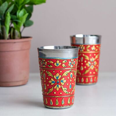 Colourful Hand-Painted Stainless Steel Cups - Red