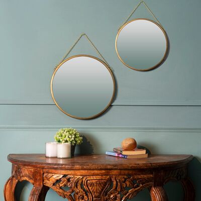 Round Gold Wall Mirrors With Chain - Set