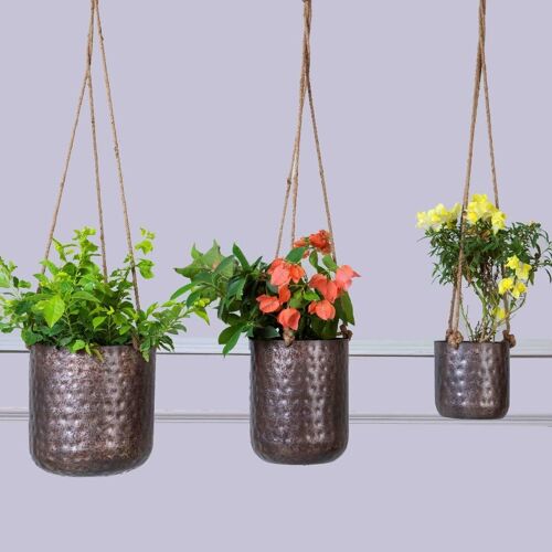 Hanging Planters with Antique Silver Finish - Set of 3