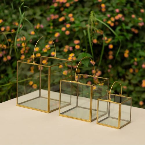 Gold Lantern Glass Candle Holders - Cube Shape - Large