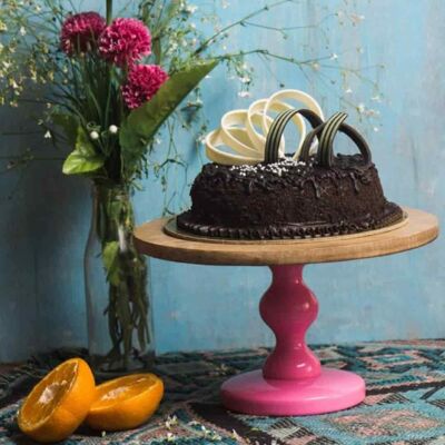 Handmade wooden cake stand 10" with pink pedestal