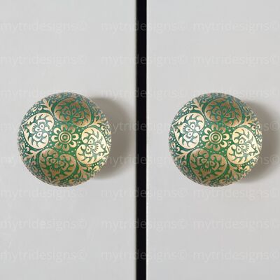 Set of 3 Mandala Brass Knobs- Green