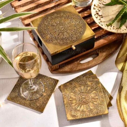 Mandala Pattern Brass Coaster Set with Box