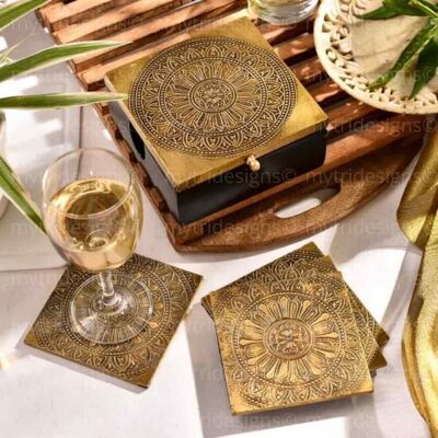 Mandala Pattern Brass Coaster Set with Box