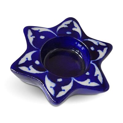 Portavelas de té azul oscuro pintado a mano