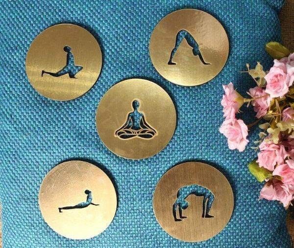Brass Coaster Set - Yoga Design - Round Without Box