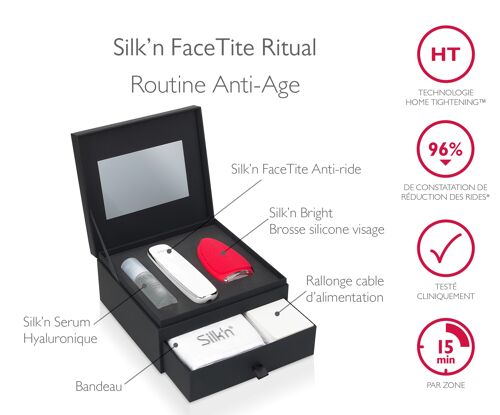 Routine anti-âge FaceTite Ritual booster de collagène + sérum hyaluronique, brosse visage Bright et bandeau Silk'n FT1PE1C1001