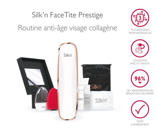 Facetite Prestige sans fil + Serum hyaluronique + brosse visage silicone Silk'n Bright + bandeau cheveux Silk'n FTP1PE1R001
