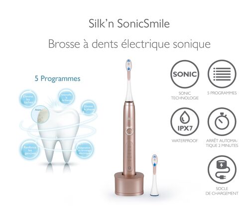 Brosse à dents sonique 5 programmes SonicSmile Gold Rose - 2 brossettes incluses Silk'n SS1PEUP001