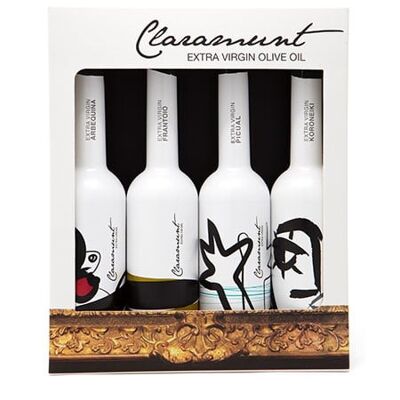 CASE 4 BOTTLES OF 100ML VARIETIES: PICUAL, ARBEQUINA, FRANTOIO AND KORONEIKI
