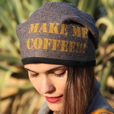 214 Make me Coffee Double Fabric Beanie Hat, Printed Beanies