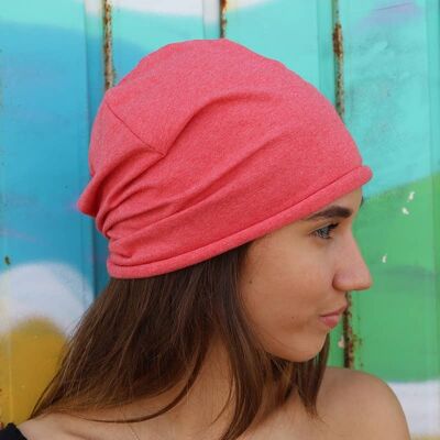 241 Live in color, red-pink melange beanie hat, customizable