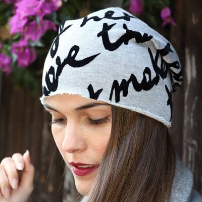 Beanie In Sweatshirt Fabric with Black Flock