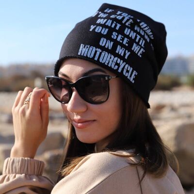 416 Motorcycle themed Beanie Hat, Black Printed Beanies