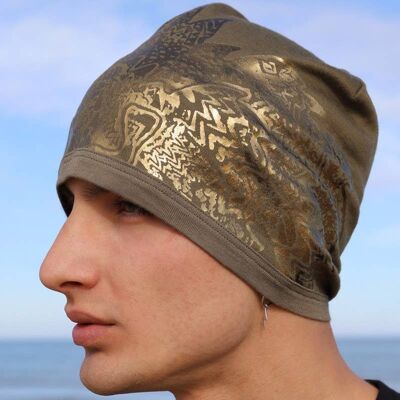 224H Fashion Beanie Hat with Olive-Colored Foil Print