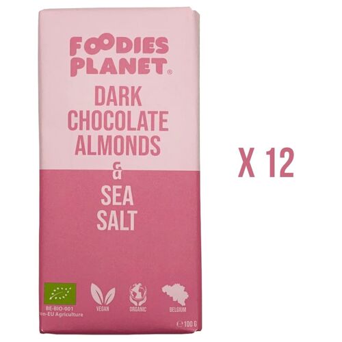 Belgian Dark chocolate + Almonds and Sea Salt - Vegan & Organic - 12 x 100g