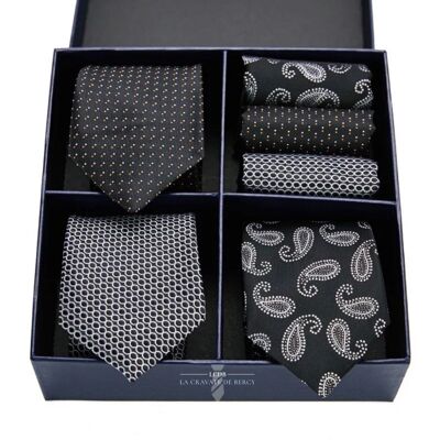 Coffret 3 cravates et mouchoirs de poche - couleur noir et gris