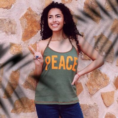 TT810 PEACE Top, Military green cotton, Printed tank top