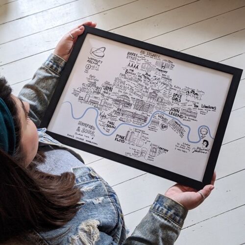 Hand Drawn Music Maps Of UK Cities - A3 Satin Black Wooden Frame - London