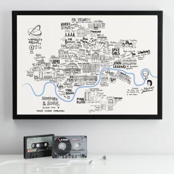 Cartes musicales dessinées à la main des villes du Royaume-Uni - Cadre en bois blanc satiné A3 - Londres 2