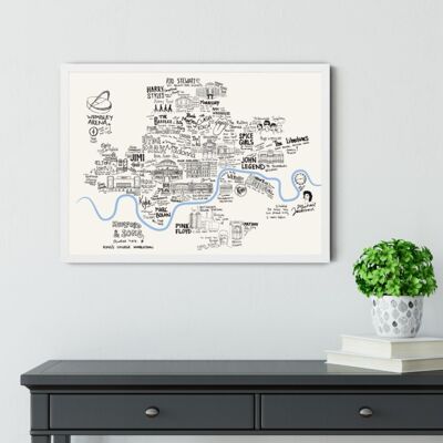 Mapas de música dibujados a mano de ciudades del Reino Unido - Marco de madera blanco satinado A3 - Cardiff