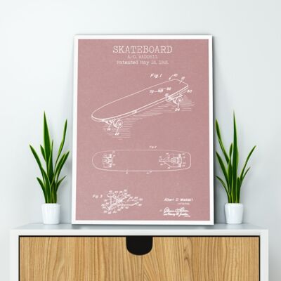 Skateboard Patent Print - Standard White Frame - Pink