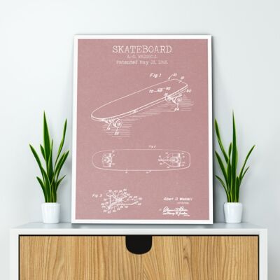 Stampa brevettata da skateboard - Cornice bianca deluxe, con frontale in vetro - Rosa