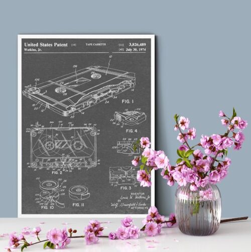 Tape Cassette Patent Print - Deluxe Black Frame, with Glass Front - Grey