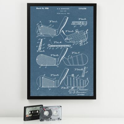 Golf Club Patent Print - Deluxe Black Frame, with Glass Front - Blue