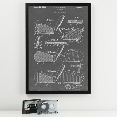 Golf Club Patent Print - Deluxe Black Frame, with Glass Front - Grey