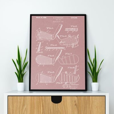 Golf Club Patent Print – Deluxe schwarzer Rahmen, mit Glasfront – Pink