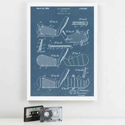 Golf Club Patent Print - Deluxe White Frame, with Glass Front - Blue