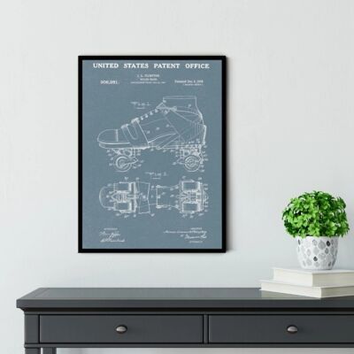 Roller Skate Patent Print - Deluxe Black Frame, with Glass Front - Blue