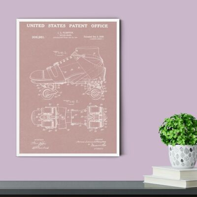 Roller Skate Patent Print - Deluxe Black Frame, with Glass Front - Pink
