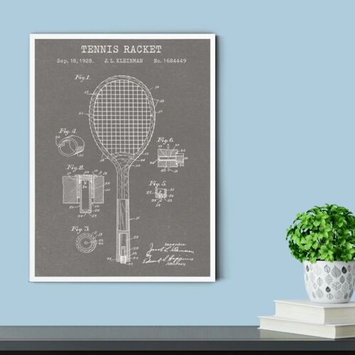 Tennis Racket Patent Print - Deluxe Black Frame, with Glass Front - Grey