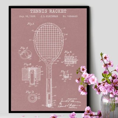 Tennis Racket Patent Print - Deluxe Black Frame, with Glass Front - Pink