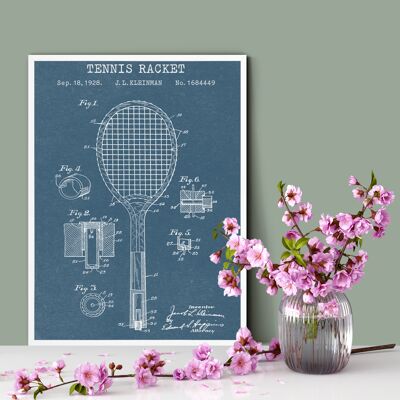 Tennis Racket Patent Print - Deluxe White Frame, with Glass Front - Blue
