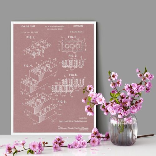 Lego Patent Print - Standard Black Frame - Pink