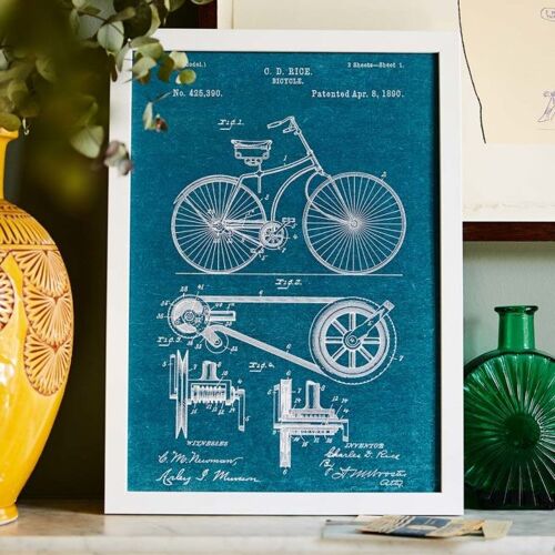 Bicycle Patent Print - Standard White Frame - Blue