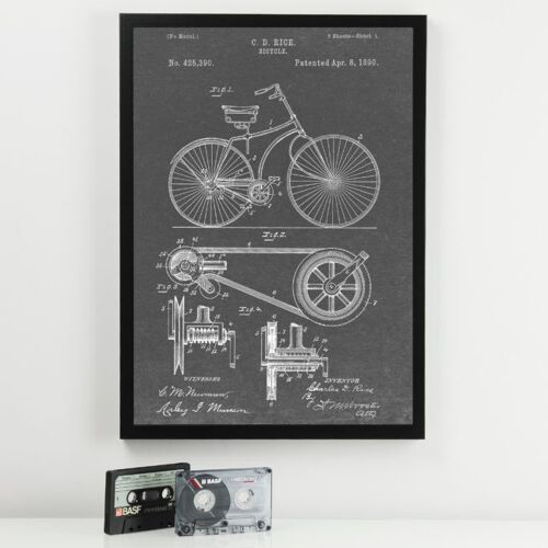 Bicycle Patent Print - Standard White Frame - Grey