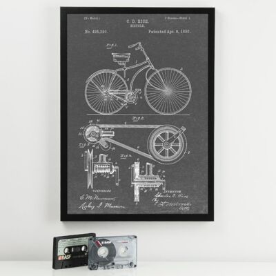 Stampa del brevetto della bicicletta - Telaio nero deluxe, con frontale in vetro - Grigio