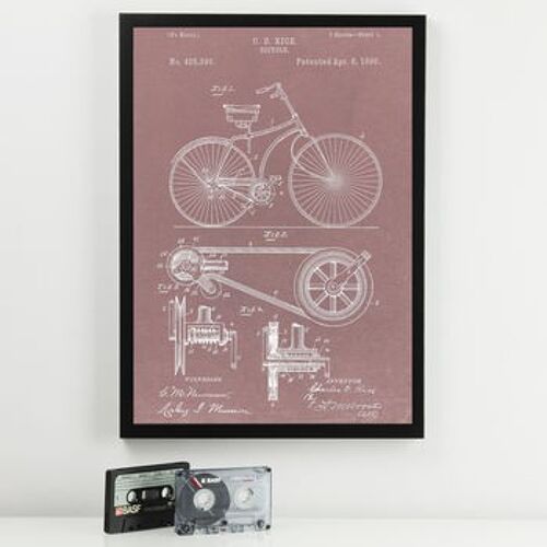 Bicycle Patent Print - Deluxe Black Frame, with Glass Front - Pink
