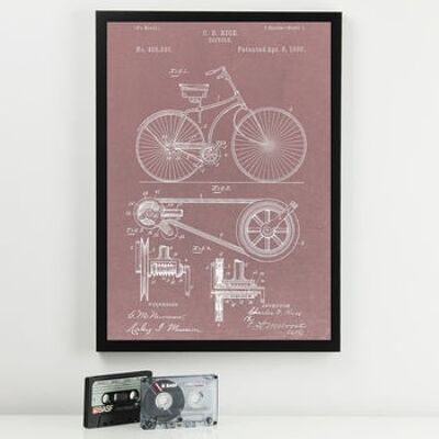 Bicycle Patent Print - Deluxe White Frame, with Glass Front - Pink