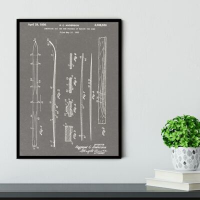 Skis Patent Print – Deluxe Weißer Rahmen, mit Glasfront – Grau